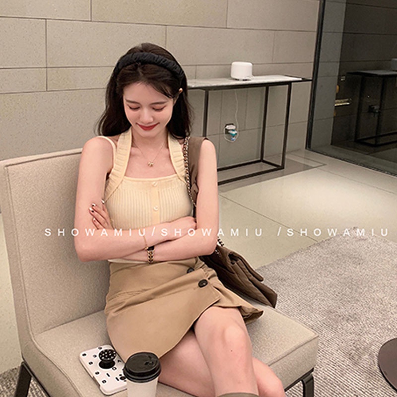 Áo hai dây SUXI dệt kim màu trơn dáng ôm thời trang mùa hè cho nữ