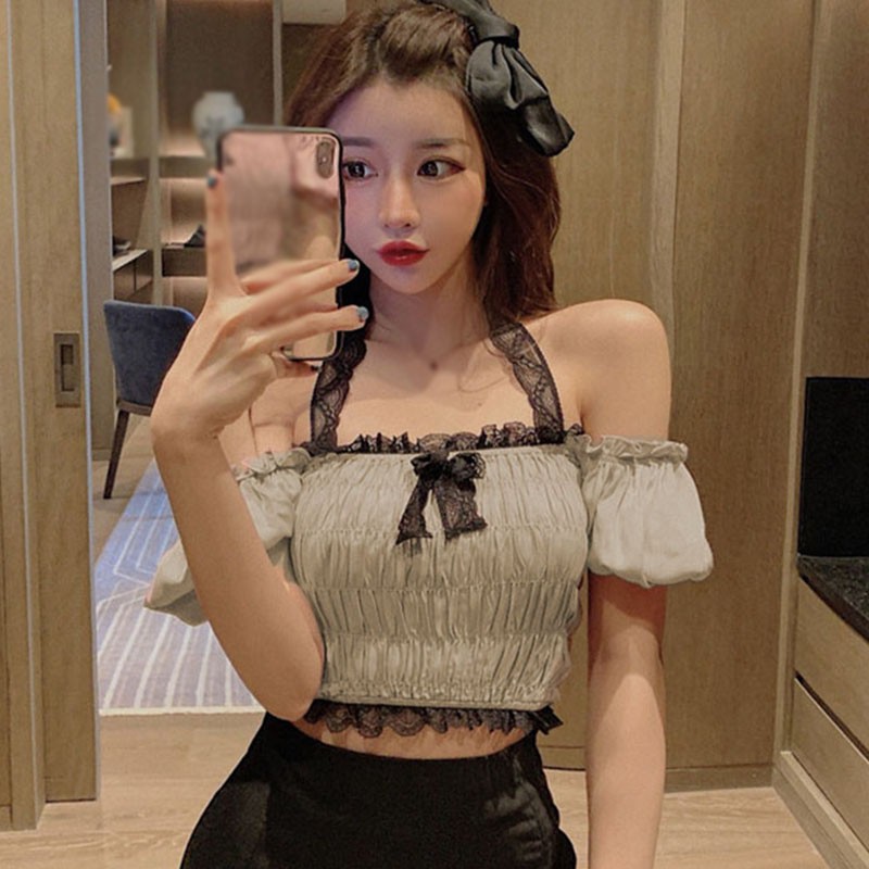 Áo croptop yếm ren trễ vai xinh xẵn cho nữ