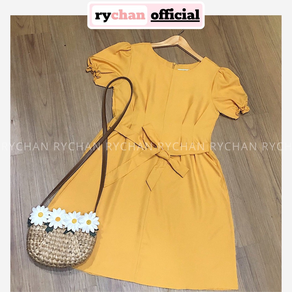 DX870 - Đầm Xòe Xếp Li Cột Nơ Lưng Cổ Tròn Tay Ngắn Bo Chun 2 Màu Vàng Đỏ [ẢNH THẬT CUỐI]