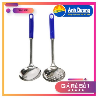 Muỗng Thủng Lỗ + Muôi Múc Canh Inox cán nhựa combo 2 cái