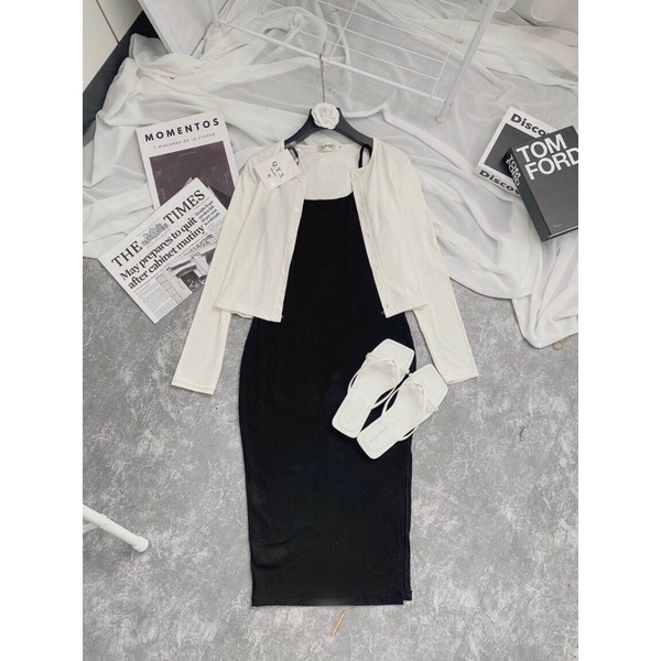 sét đầm 2 món gồm đầm borip phối áo ngoài thun gân