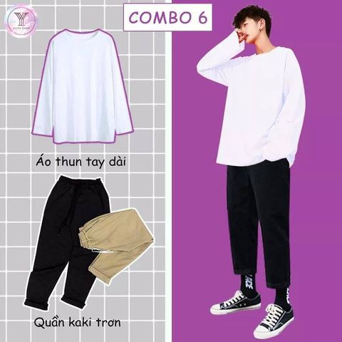 Combo áo thun trơn và quần kaki baggy phong cách basic