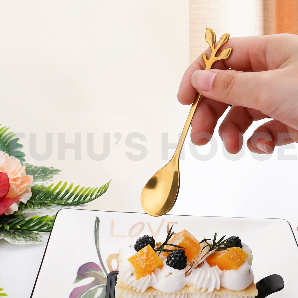 Thìa inox nĩa muỗng inox hình hoa lá, muỗng cà phê inox, thìa dài uống trà hai màu vàng bạc sang trọng - NACUSO