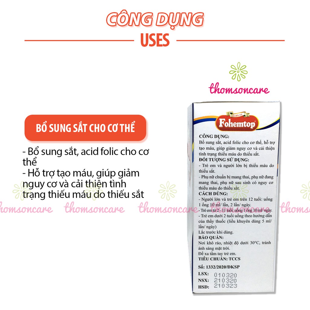 Bổ sung sắt và Acid Folic cho bà bầu, người thiếu máu - Fohemtop sắt III uống dễ hấp thụ, sắt hữu cơ dạng ống