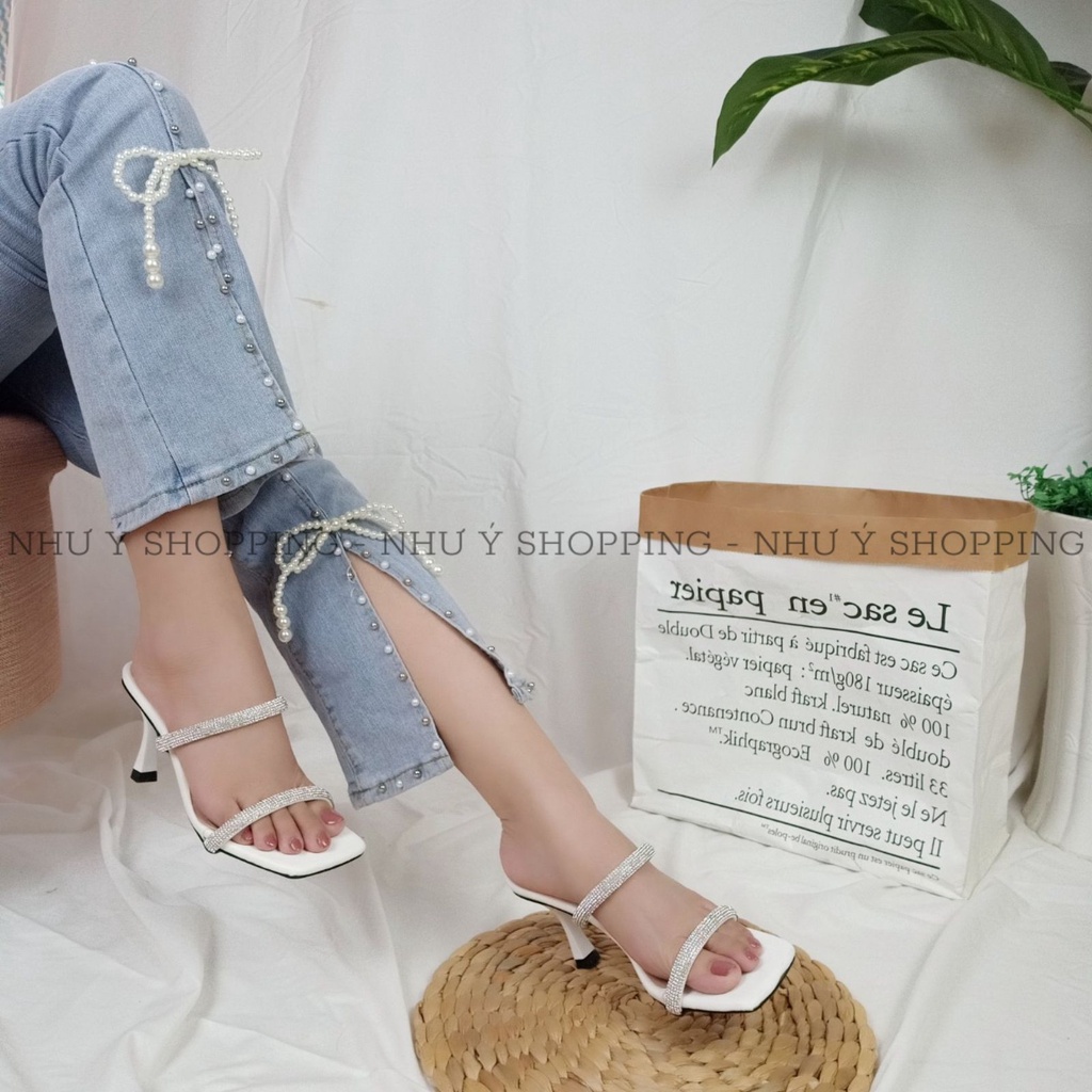Guốc cao gót nữ 2 quai đính đá mũi vuông sang chảnh 5cm 2 màu đen trắng - hình chụp thật