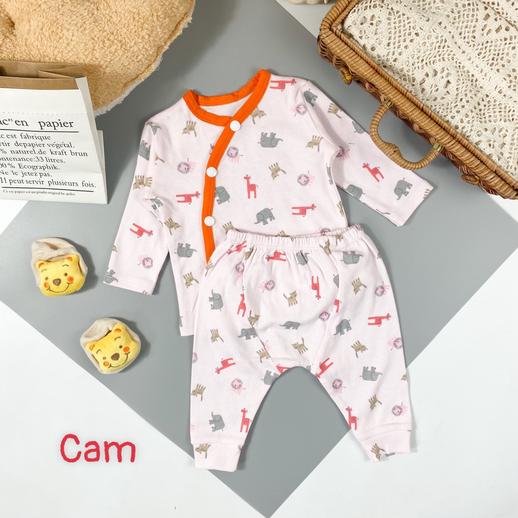 Bộ Sơ Sinh COTTON HÀN MINKYMOM In Hình Toàn Thân Cài Chéo Cho Bé SS-IN05