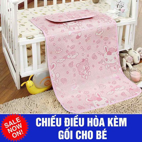 Chiếu lụa điều hoà trải giường kèm gối cho bé