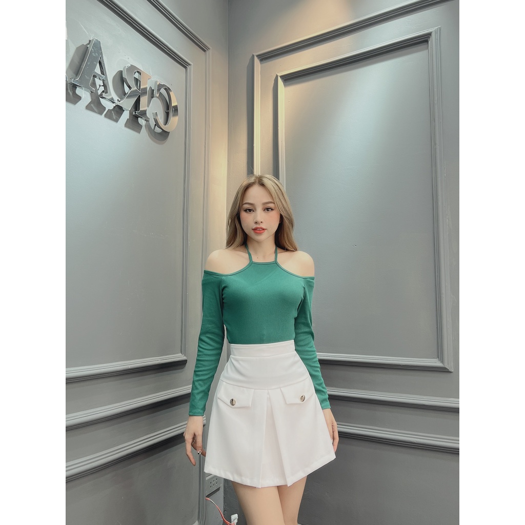 Áo thun cổ yếm trễ vai nữ CRAZYTEEN tay dài sang trọng AT0318