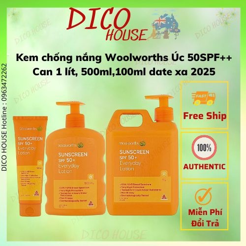 Kem chống nắng Woolworths Úc 50SPF++ Can 1 lít, 500ml,100ml date xa 2025