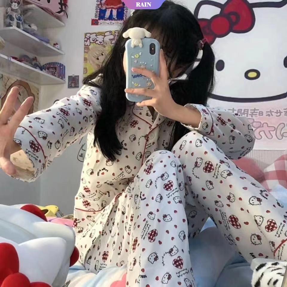 Bộ Đồ Ngủ Tay Dài In Họa Tiết Hello Kitty Phong Cách Nhật Bản Cho Nữ