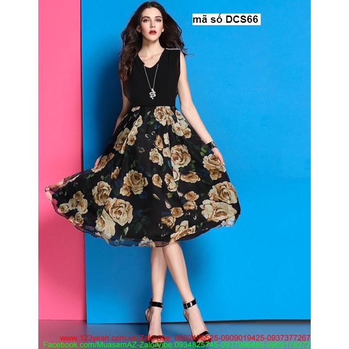 Đầm xòe công sở sát nách họa tiết hoa hồng sang trọng uDCS66 (m220)