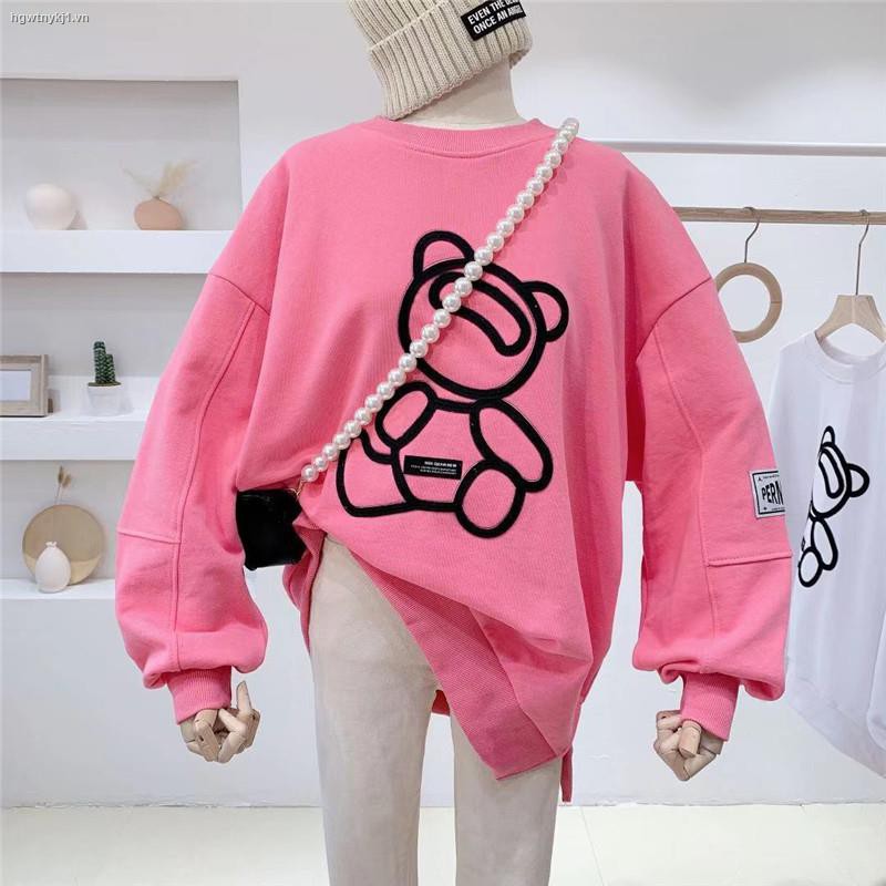 Áo sweater dáng rộng in hình gấu dễ thương thời trang xuân thu phong cách Hàn Quốc cho nữ 2021