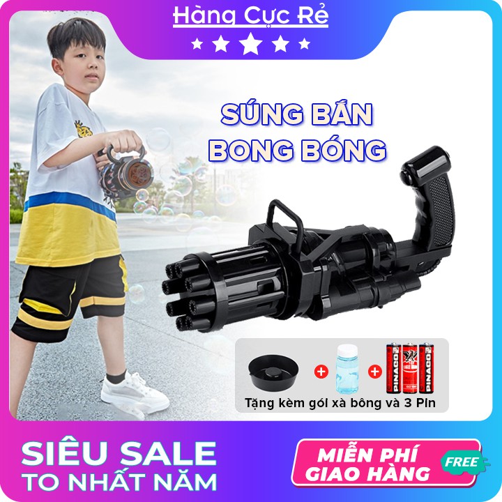 Súng bắn bong bóng xà phòng - Bộ gồm Máy thổi bóng 8 nòng, Khay đựng, Gói tạo bọt bóng, 3 Pin AA - Shop Hàng Cực Rẻ