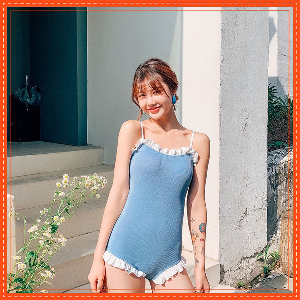 Bikini Đồ Bơi Một Mảnh Phối Viền Bèo Blue Pastel Hàn Quốc Cao Cấp Chất Thun Gân Co Giãn 4 Chiều Che Khuyết Điểm Tôn Dáng | BigBuy360 - bigbuy360.vn