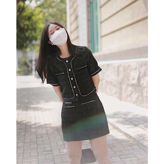 Set suit vải tweed đen chân váy và áo tay ngắn RUCHAN