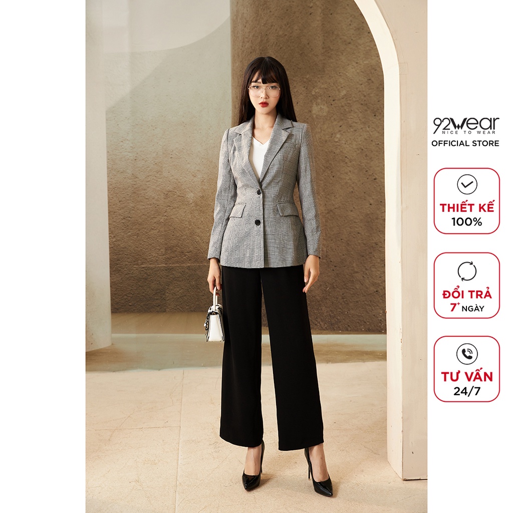 Áo vest nữ kẻ dài tay túi ốp 92WEAR, thiết kế hàn quốc cổ bẻ thanh lịch, trẻ trung VDA1799 | BigBuy360 - bigbuy360.vn