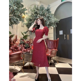 đầm lông đỏ nổi cổ vuông
