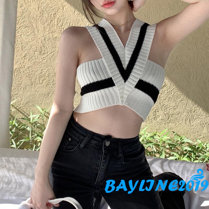 Áo Croptop Dệt Kim Sát Nách Cổ Chữ V Màu Sắc Tương Phản Thời Trang Mùa Hè Cho Nữ