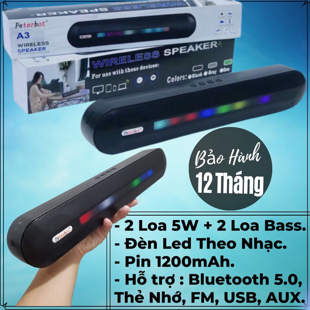 Loa Bluetooth A3 Trang Bị 2 Loa 5W + 2 Bass Công Suất Lớn, Đèn Led Nháy Theo Nhạc - Có Khe Thẻ Nhớ, USB, Đài FM, AUX