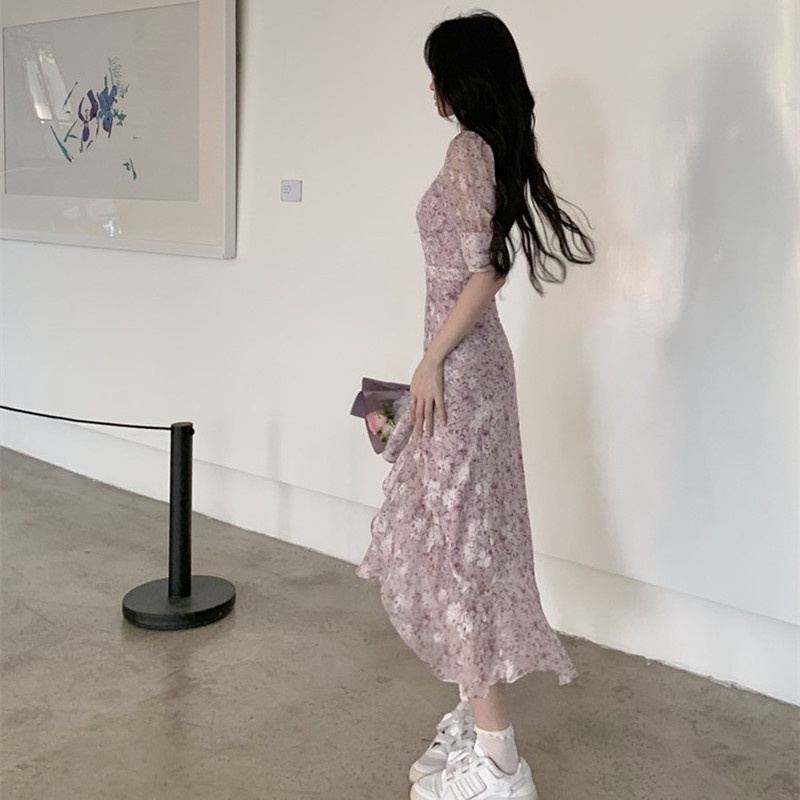 Đầm Maxi Tay Ngắn Hoạ Tiết Hoa Thiết Kế Xẻ Quyến Rũ
