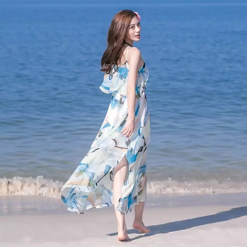 Đầm voan maxi đi biển mùa hè xẻ tà chất liệu mềm mịn