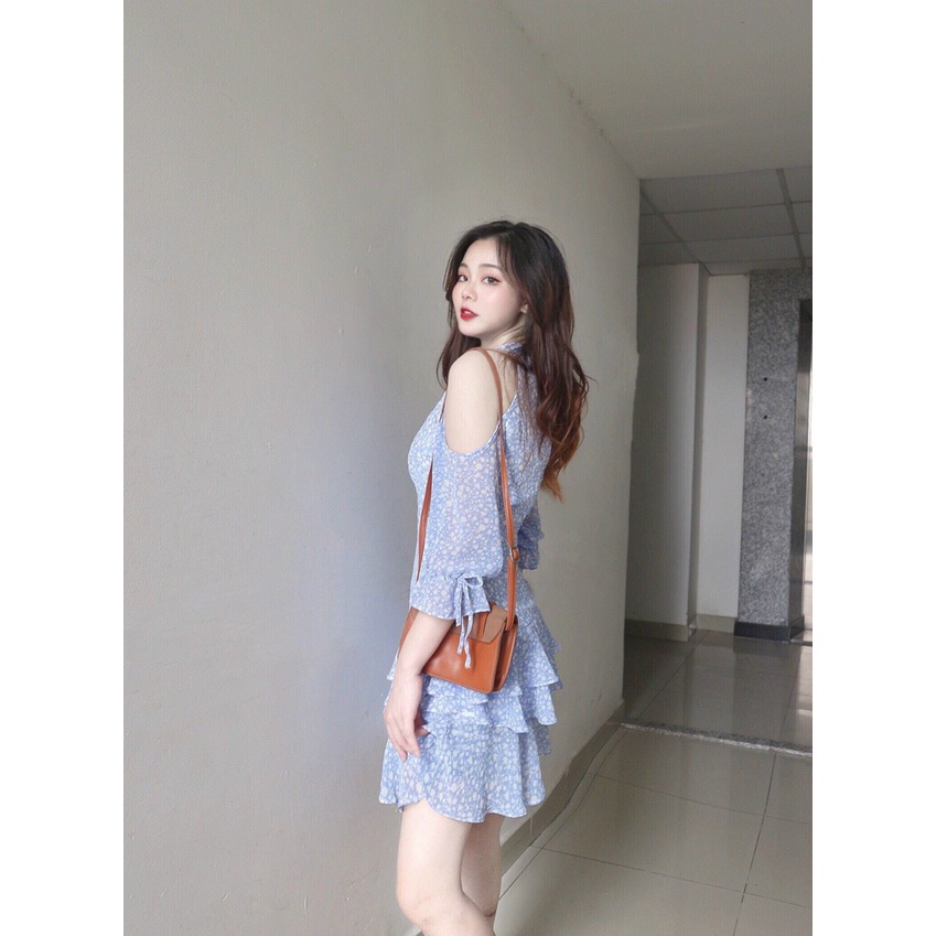 Đầm hoa nhí xanh dương khoét vai, Váy cổ yếm Cao Cấp hàng loại 1 tay dài hở vai xếp tầng, công sở dự tiệc - MiNhi