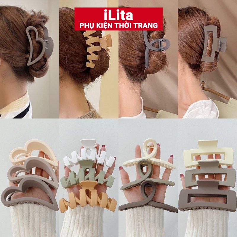 Kẹp tóc càng cua Hàn Quốc nữ đẹp hottrend nhám cỡ size lớn iLita cặp búi tóc dễ thương cào 10 14 răng màu pastel vintage