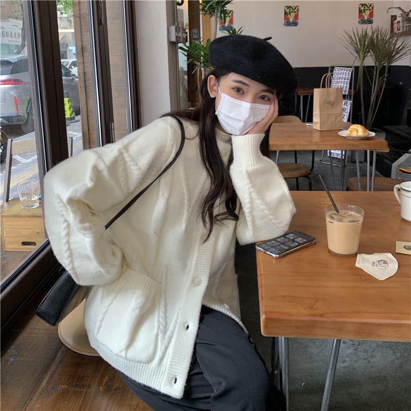 Áo Khoác Cardigan Dệt Kim Dáng Rộng Dày Dặn Ấm Áp Thời Trang Cho Nữ