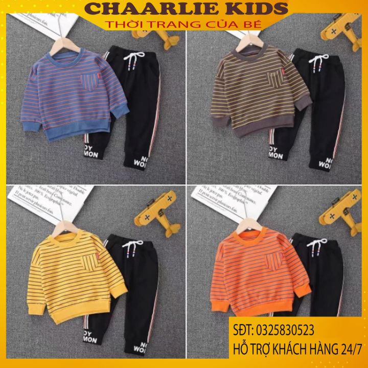 Bộ Nỉ Kẻ Thu Đông Cho Bé Trai Và Bé Gái 8 Đến 28 Kg Hàng VNXK Chaarlie Kids