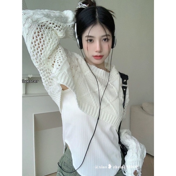 Áo croptop dệt kim tay dài cổ tròn phong cách hot trend siêu mới - hàng có sẵn