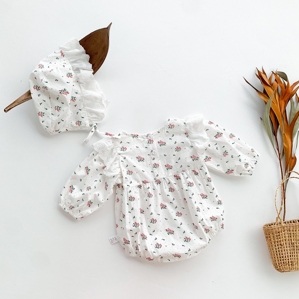 Bộ áo liền quần tay dài in hoa + mũ dễ thương tùy chọn màu sắc dành cho bé gái sơ sinh