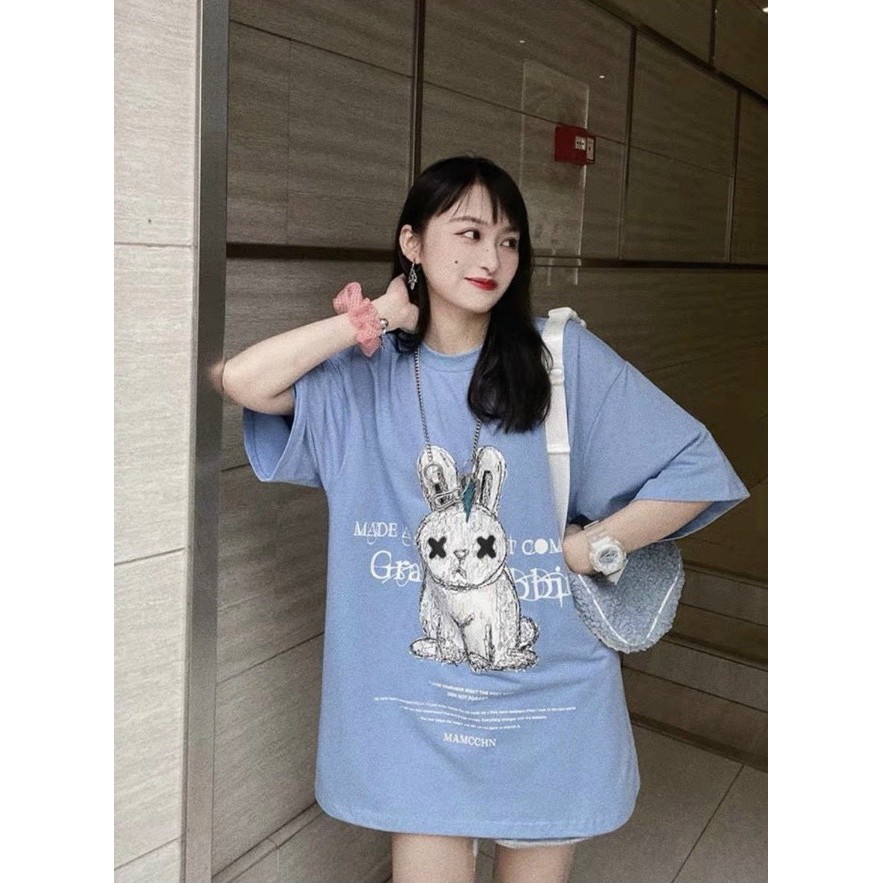 Áo phông nam nữ unisex Cotton Thỏ Trắng Rabbit dáng tay lỡ oversize form rộng, áo thun basic đơn giản 2 màu đen xanh