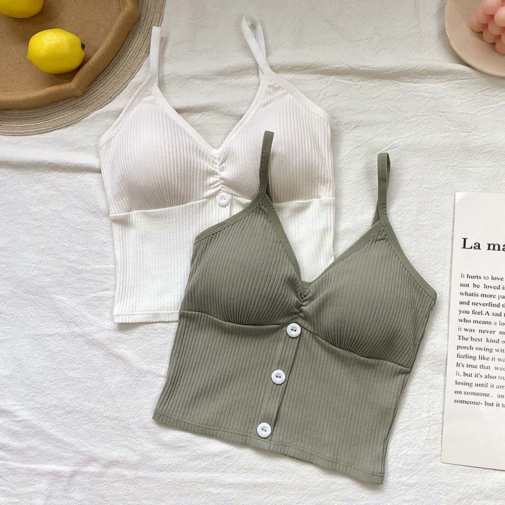 Áo 2 dây gài nút có mút lót nâng ngực cổ chữ V phong cách Hàn Quốc quyến rũ cho nữ