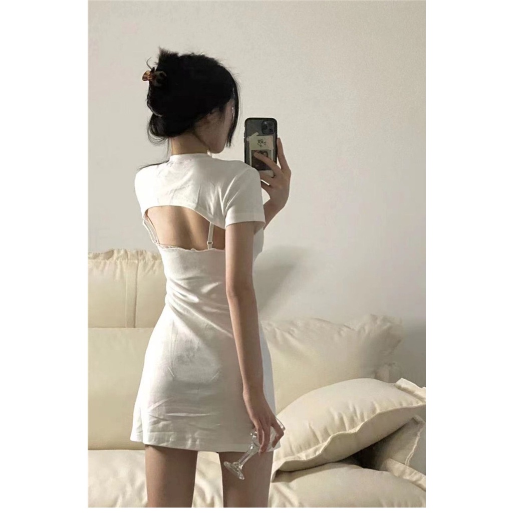 Đầm body dáng ôm tay ngắn giả 2 lớp hở lưng phong cách quyến rũ thời trang-KN