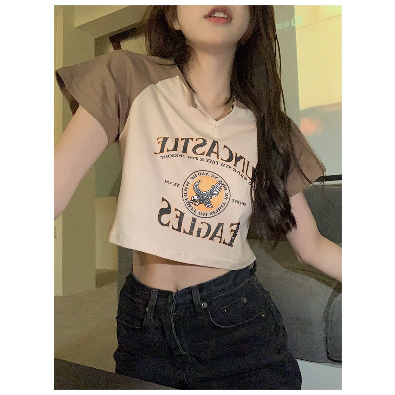 Áo Thun Nữ Ngắn Tay Cổ Tròn Gợi Cảm Phong Cách retro Mỹ