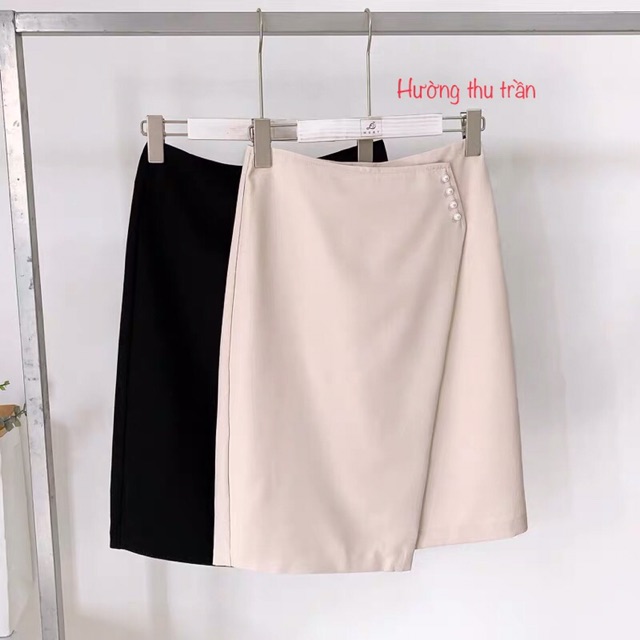 Chân Váy Dáng Suông Phối Cúc Thời Trang, Chân Váy Công Sở Tới Gối Có Tà Che Bụng
