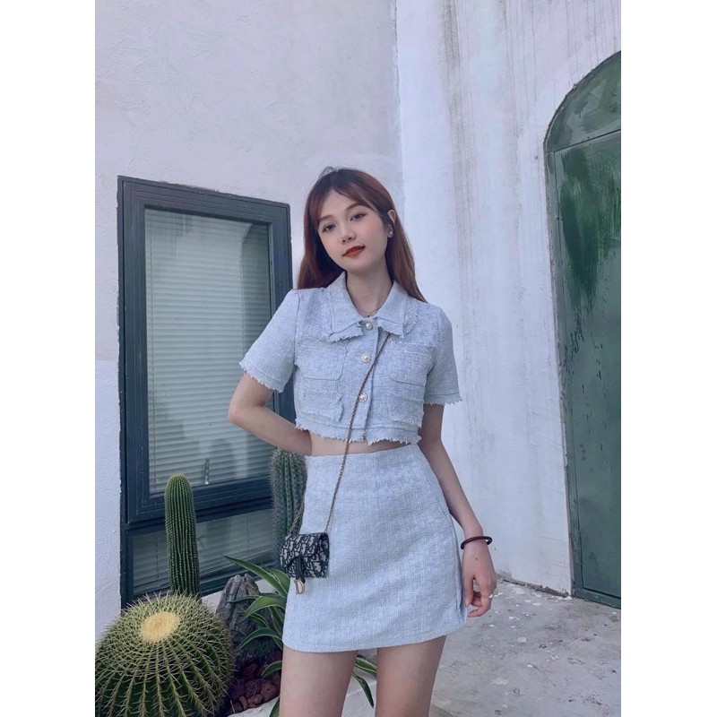 [SẴN S-Có ảnh thật] Set áo+ chân váy dạ tweed xanh babyblue nút ngọc vintage SAM SAM BOUTIQUE | BigBuy360 - bigbuy360.vn