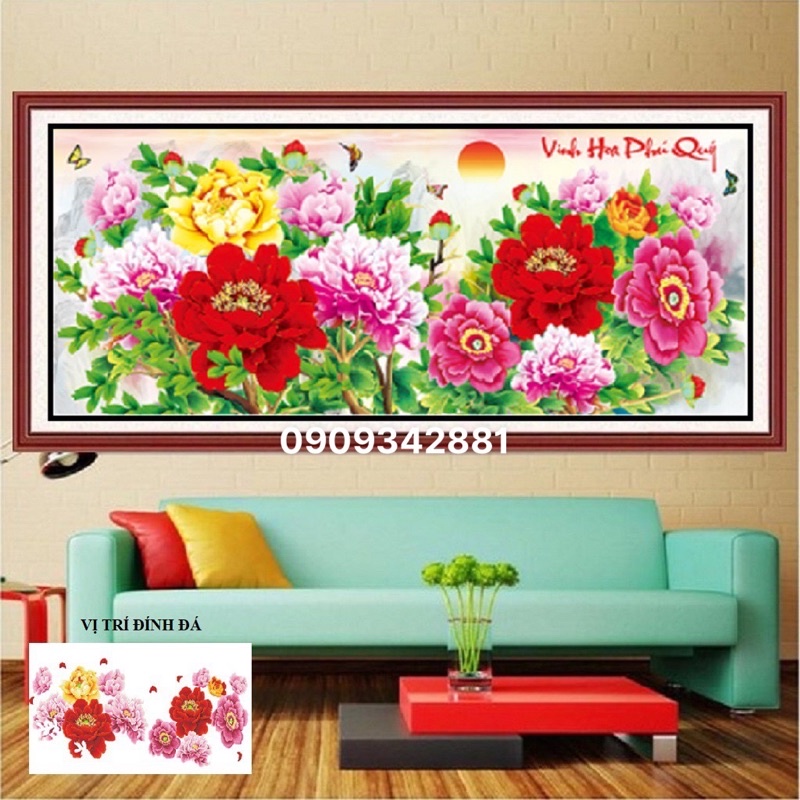 Tranh thêu chữ thập-Tranh Đính ĐÁ Hoa mẫu đơn vinh hoa phú quý 1mx50 cm -Dv6233 ,D9209