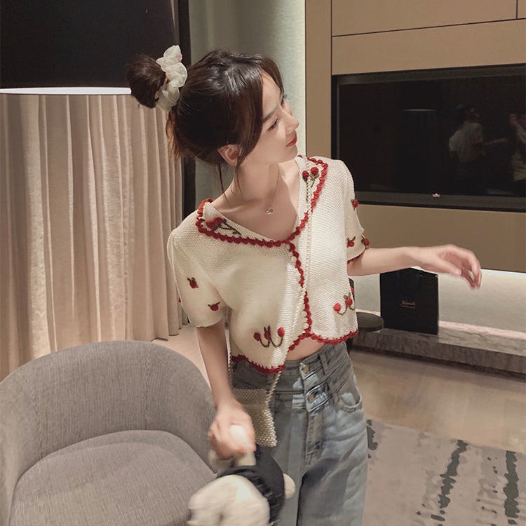 Áo cardigan Ngắn Tay Thêu Họa Tiết Ngọt Ngào Thời Trang Mùa Hè Cho Nữ