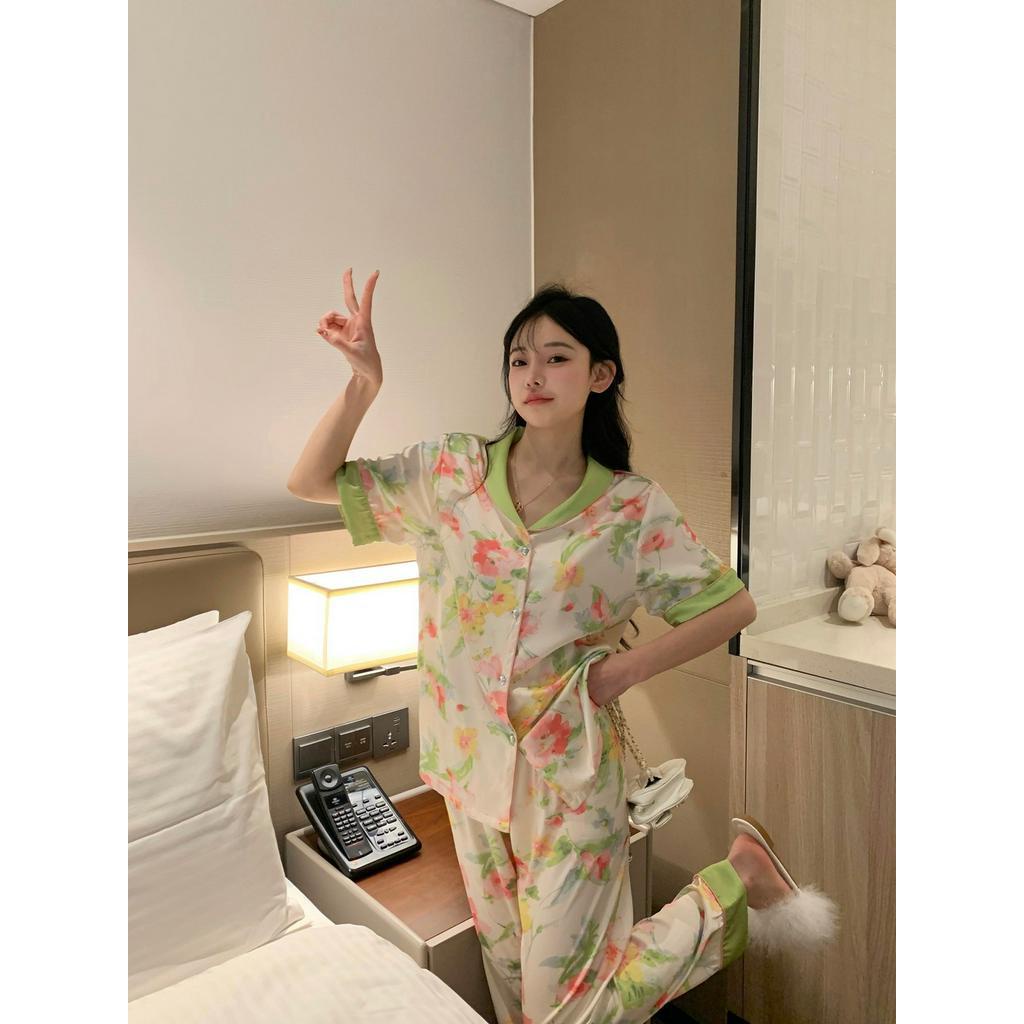 Bộ Đồ Ngủ Vải Lụa Lạnh In Họa Tiết Thời Trang Mùa Hè Cho Nữ