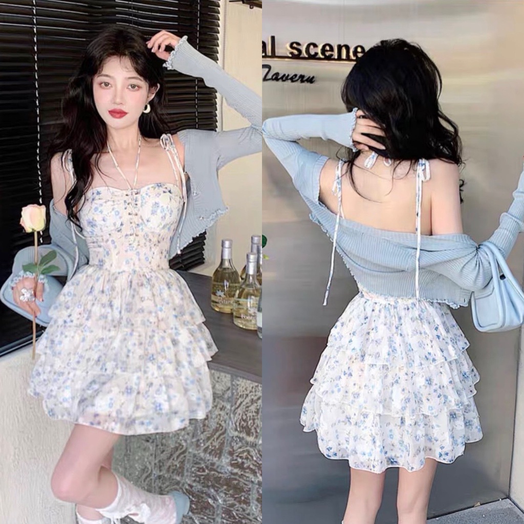 Set đầm 2S hoa tầng đan dây ngực kèm khoác crop💖 KÈM ẢNH THẬT