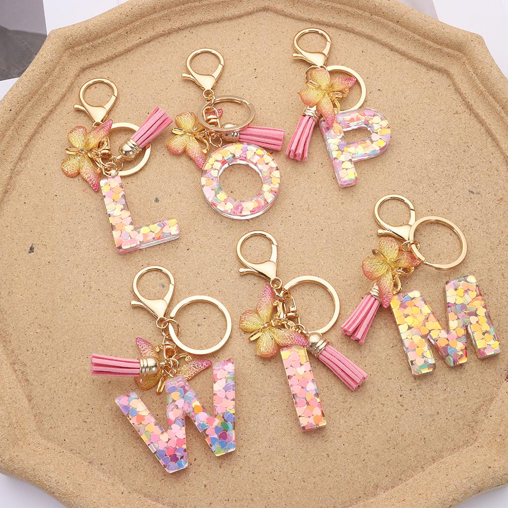 EUTUS Móc Khóa Resin Mặt Chữ Cái Đính Tua Rua Độc Đáo Thời Trang