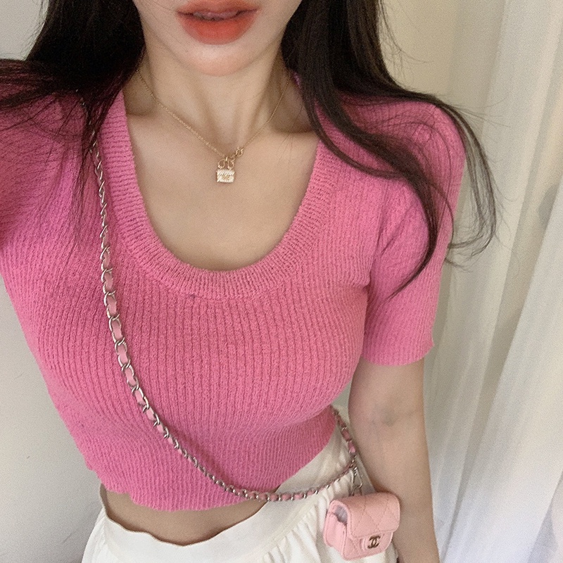 QADCOL  Áo Thun Croptop Tay Ngắn Cổ Chữ U Eo Cao Thời Trang Cho Nữ