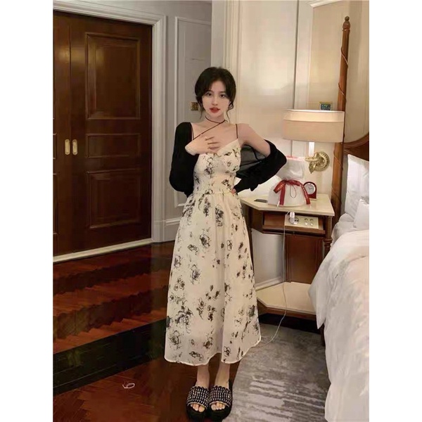 SET ĐẦM KEM MIDI HOA ĐEN 2 DÂY + ÁO KHOÁC ĐEN