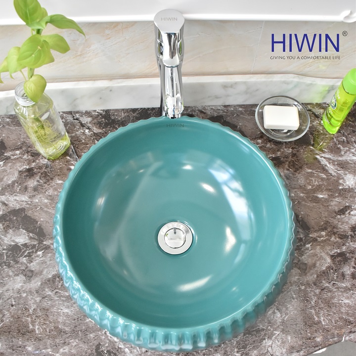 Chậu rửa mặt lavabo sứ đặt bàn nghệ thuật màu xanh dáng tròn HIWIN LP-A544