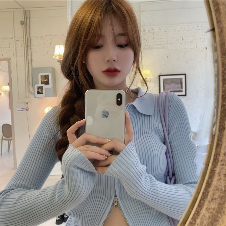 Áo cardigan dệt kim tay dài khóa kéo đôi phong cách Hàn Quốc thời trang xuân thu cho nữ