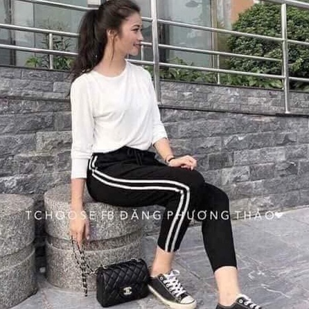 Quần thể thao nữ dài màu đen 2 sọc trắng ôm gym chất vải mát UMI hàn - Quần jogger nữ dây rút tập gym 2 túi mặc đi học