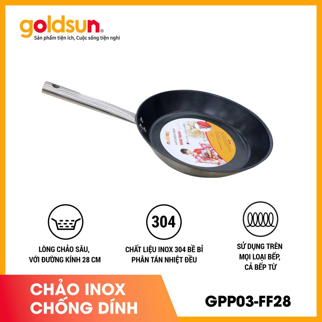 Chảo Chống Dính Inox GOLDSUN - Chất Liệu Inox 304 Cao Cấp- Siêu Bền- Chống Dính Whitford Nhập Mỹ- GPP03-FF28