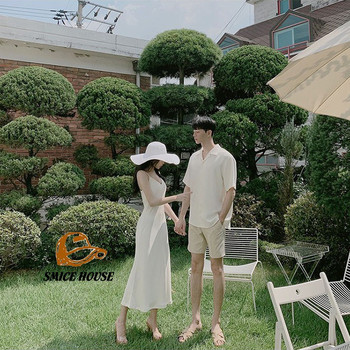 SET ÁO SƠ MI CẶP ĐÔI CHỤP HÌNH CƯỚI, ĐỒ CẶP ÁO SƠ MI ĐẦM MAXI 2 DÂY TRẮNG