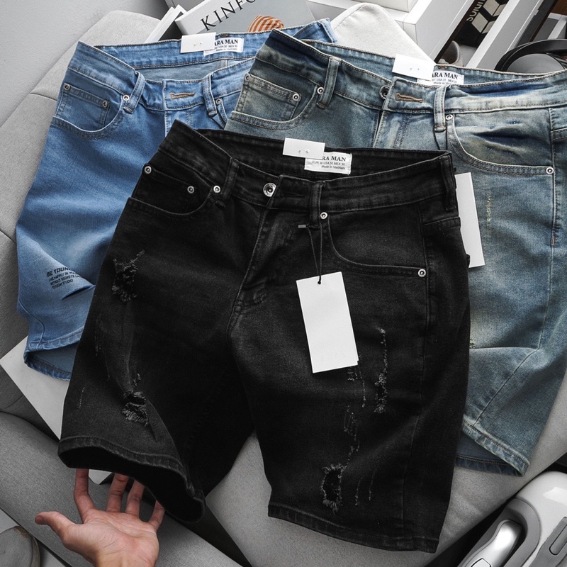Quần short jean nam màu xám đen lửng slimfit co giãn suông